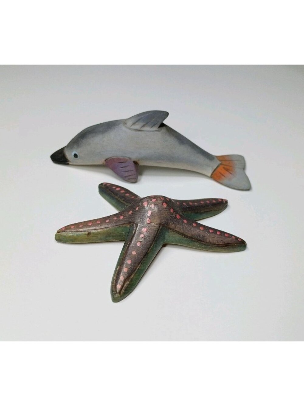 Handmade Lightweight Wood Ocean Life Figurines Dolphin Starfish Painted Beach